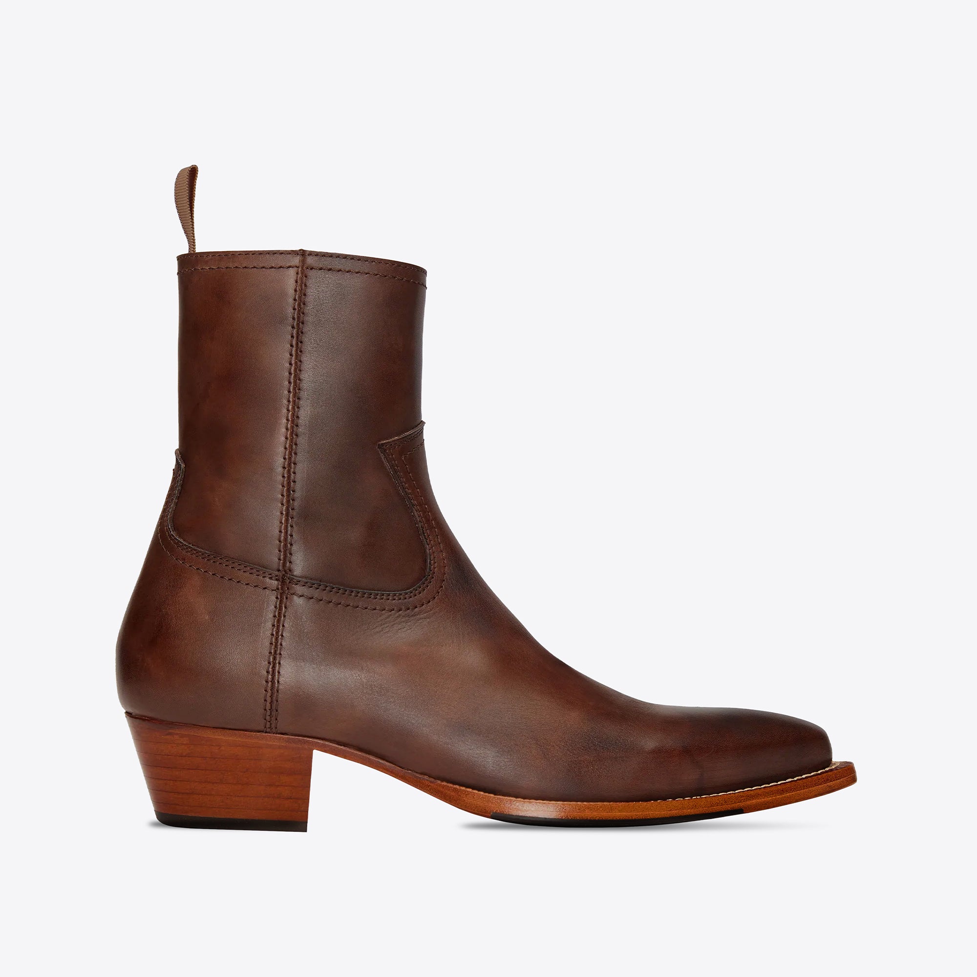 Diego 45mm Side Zip Western Boots Brown Hand-Dyed Leather