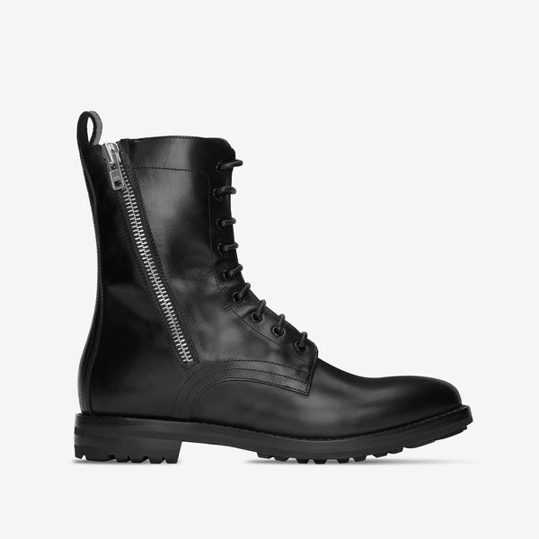 Sergio Zip Combat Boot - Black Leather