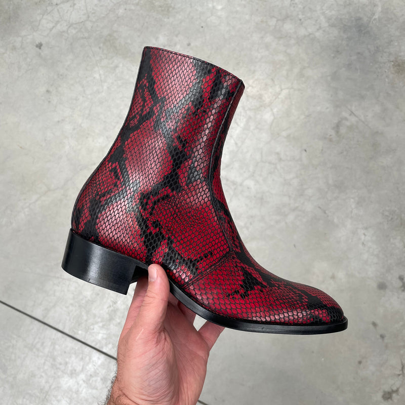 Luca 40mm Side Zip Boot - Red Snake-Effect Leather