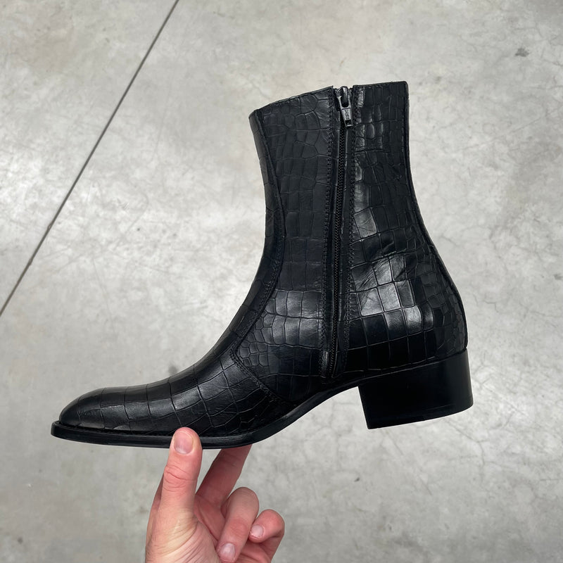 Luca 40mm Side Zip Boot - Black Croc-Effect Leather