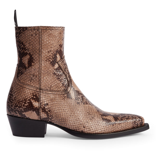 Diego 45mm Side Zip Western Boot - Beige Snake-Effect Leather