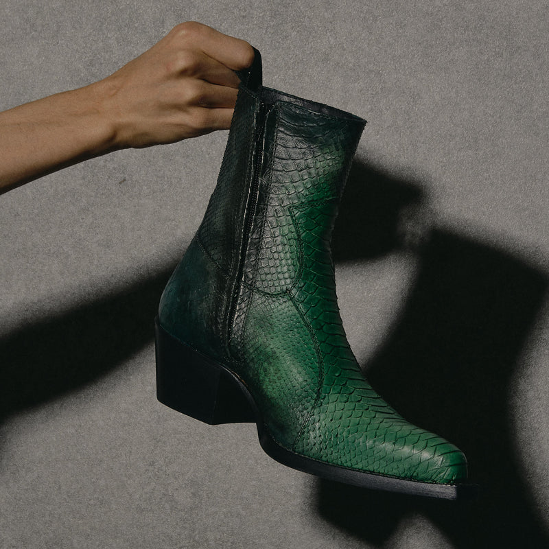Dante 65mm Western Boot - Green Python-Effect Hand-Dyed Leather