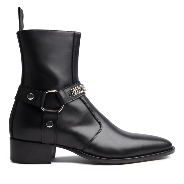Enzo 40mm Chain Harness Zip Boot - Black Leather