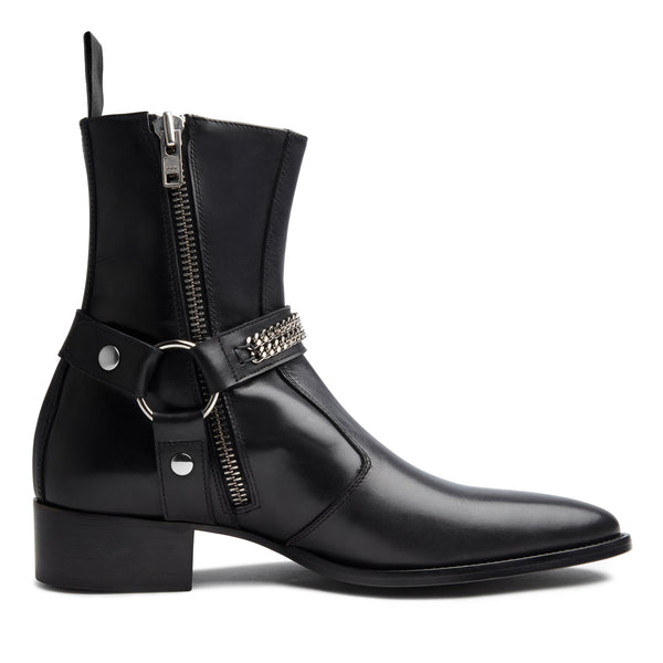 Enzo 40mm Chain Harness Zip Boot - Black Leather