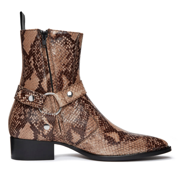 Enzo 40mm Harness Zip Boot - Beige Snake-Effect Leather