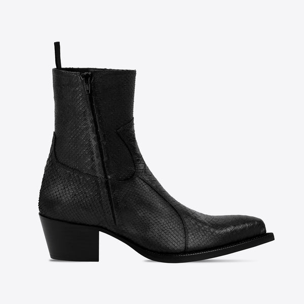 Dante 65mm Side Zip Boot - Black Python-Effect Hand-Dyed Leather