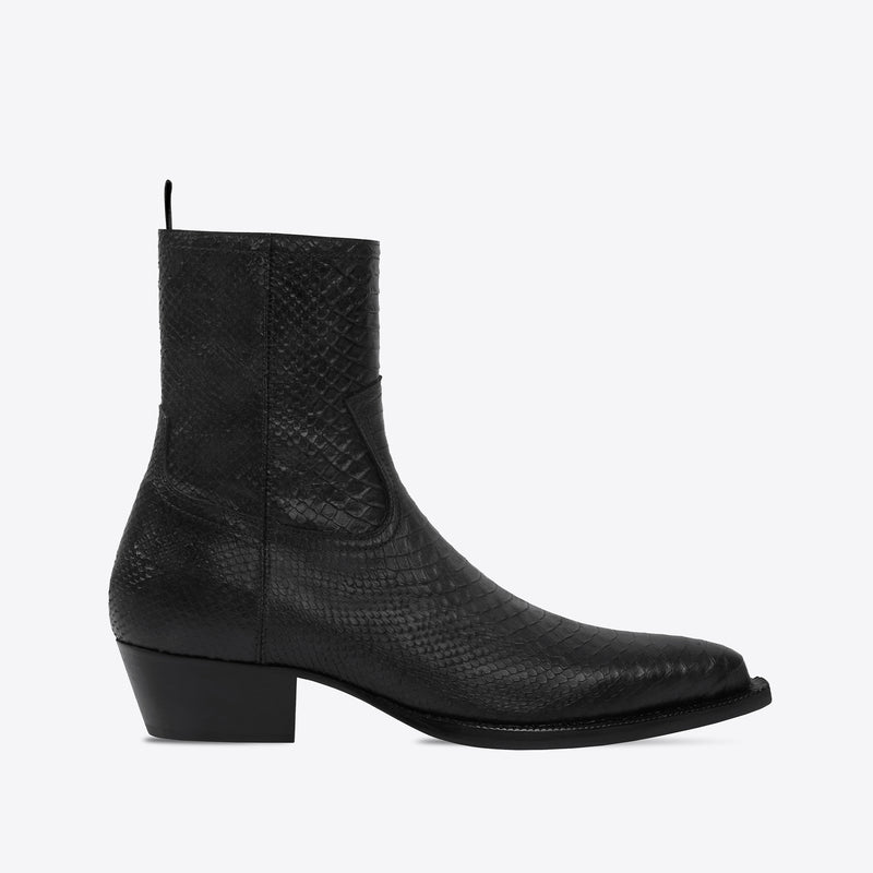 Diego 45mm Side Zip Western Boot - Black Python-Effect Leather