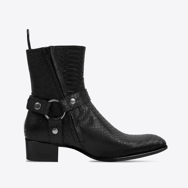 Enzo 40mm Harness Zip Boot - Black Python-Effect Hand-Dyed Leather