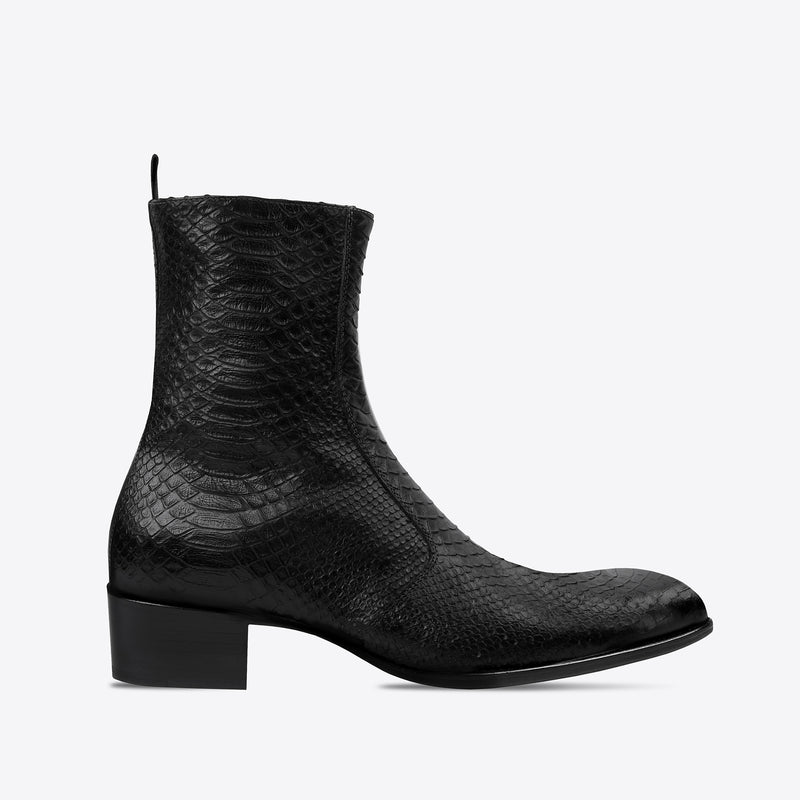 Luca 40mm Side Zip Boot - Black Python-Effect Leather