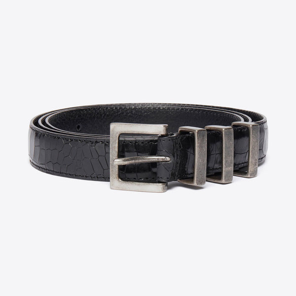 Three Passant Belt - Silver/Black Croc-Effect Leather