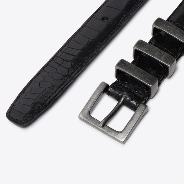 Three Passant Belt - Silver/Black Croc-Effect Leather