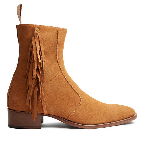 Marcus 40mm Fringe Zip Boot - Camel Suede